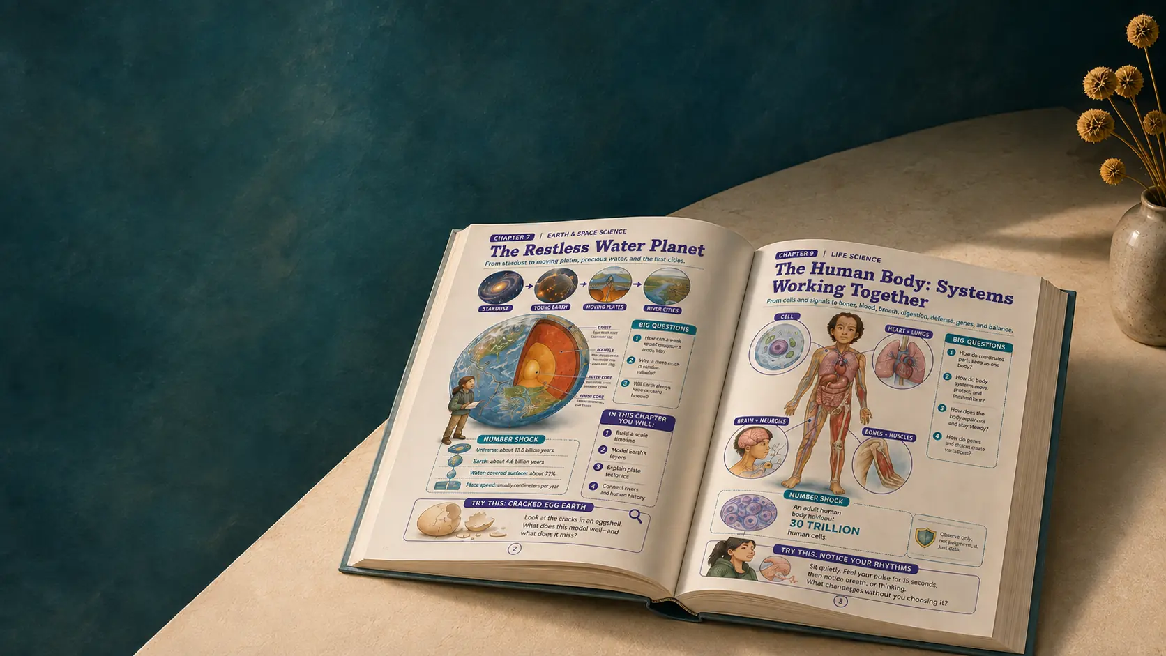 An open Avid Thinking science textbook showing illustrated pages on Earth systems and the human body