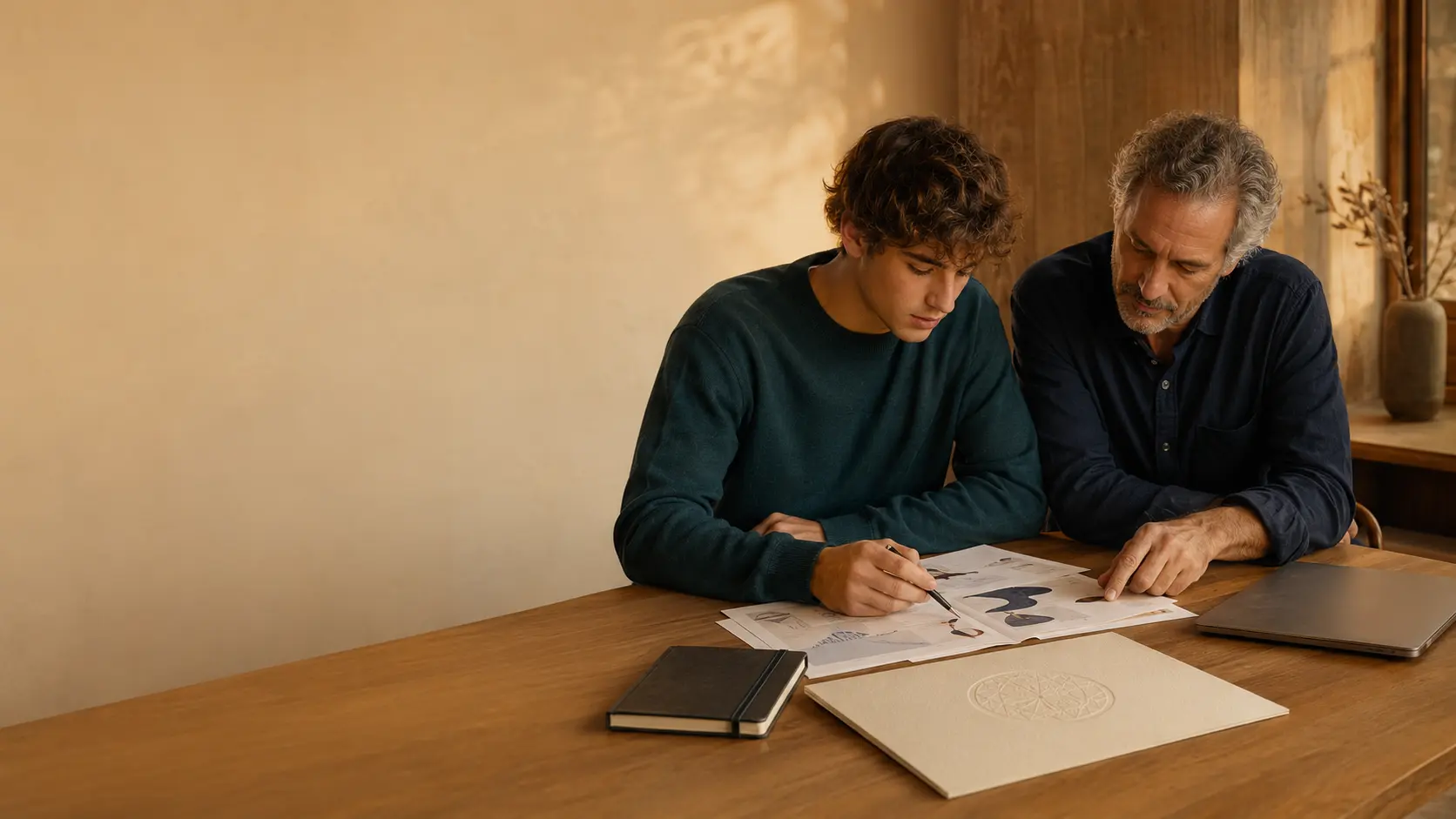 A learner and assessor reviewing a capstone portfolio in a warm learning studio