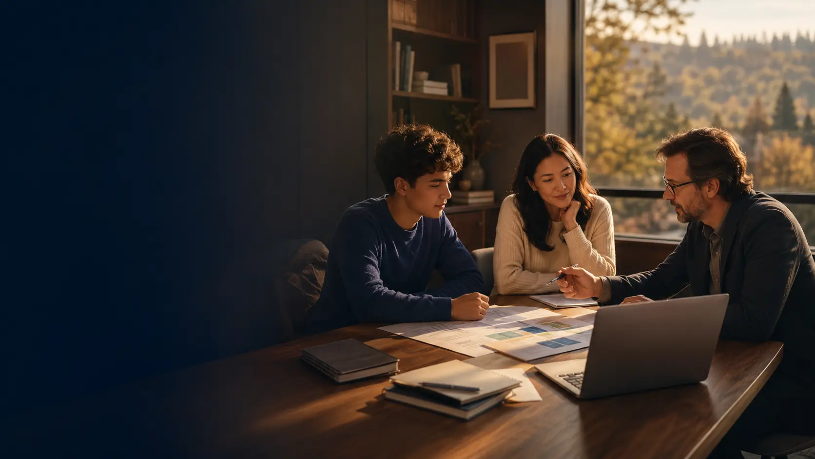 A student, parent, and counselor building a college application plan together