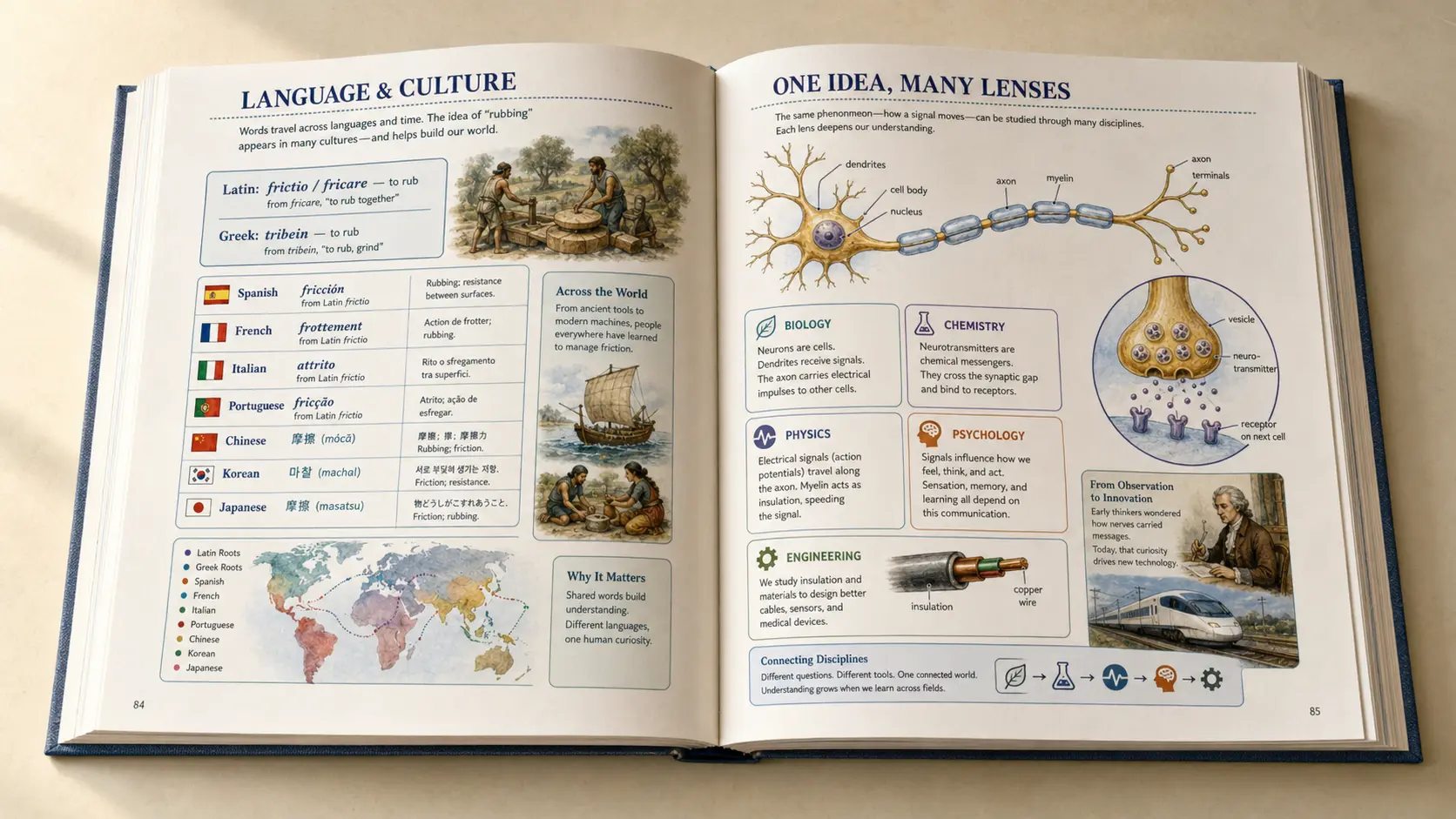 An open interdisciplinary textbook connecting Greek and Latin roots, modern languages, culture, biology, chemistry, physics, psychology, and engineering