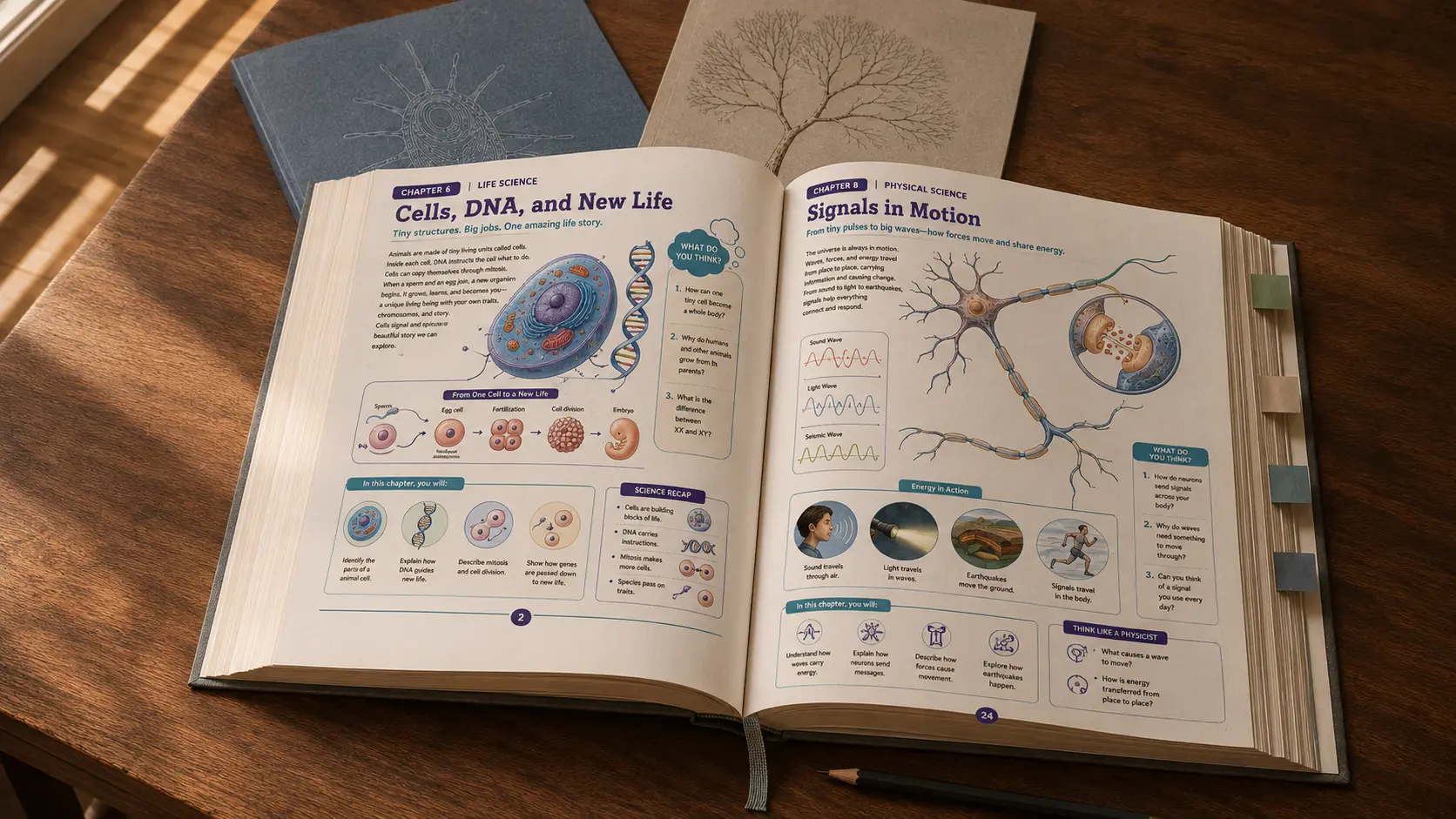 An open Avid Thinking textbook showing connected lessons in life science, physical science, cells, DNA, neurons, and waves