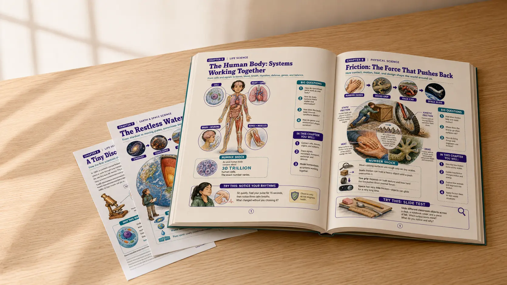 An open printed Avid Thinking curriculum book showing illustrated lessons on the human body and friction with science chapter sheets