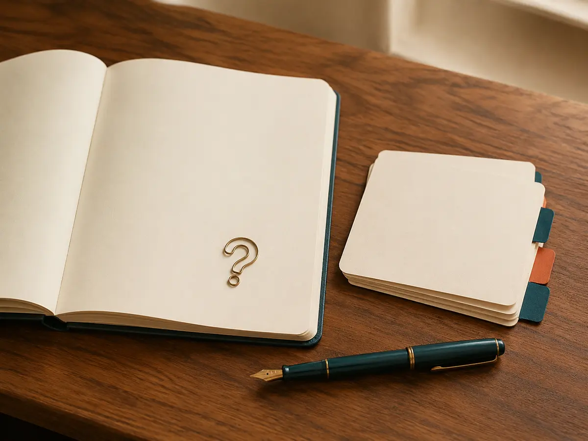 An open notebook and organized answer cards on a warm study desk