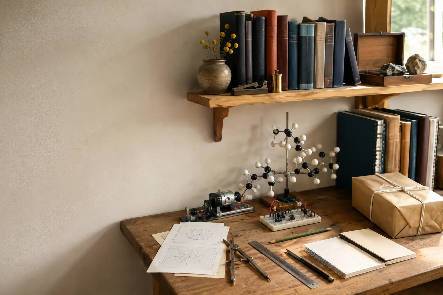 A photorealistic learning workspace with physical books, science and engineering tools, printed study materials, and a family parcel