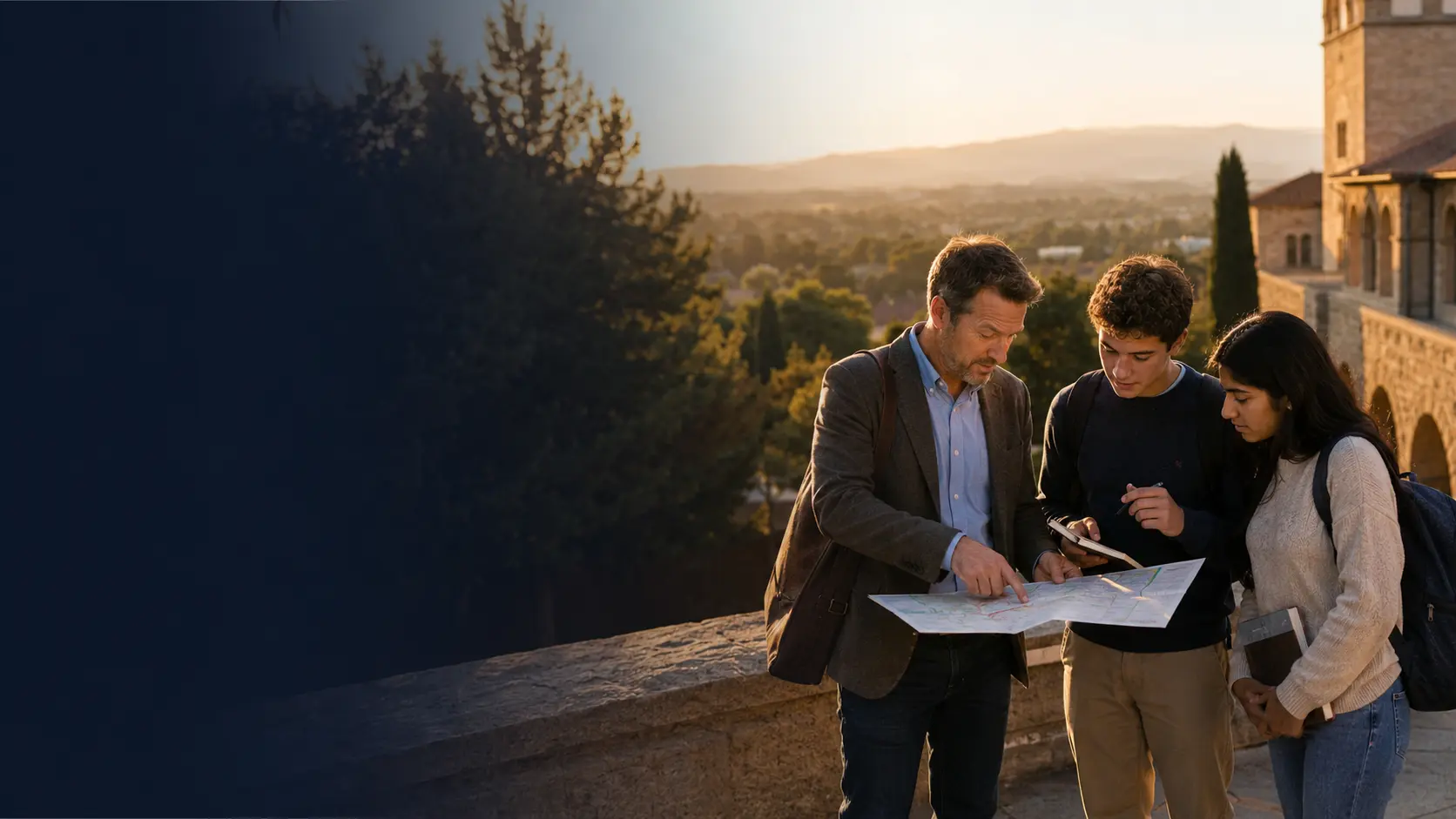 An educator and two students planning a Stanford-adjacent Silicon Valley learning route at golden hour